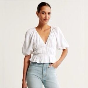 Abercrombie & Fitch White Puff Sleeve Blouse Linen Blend